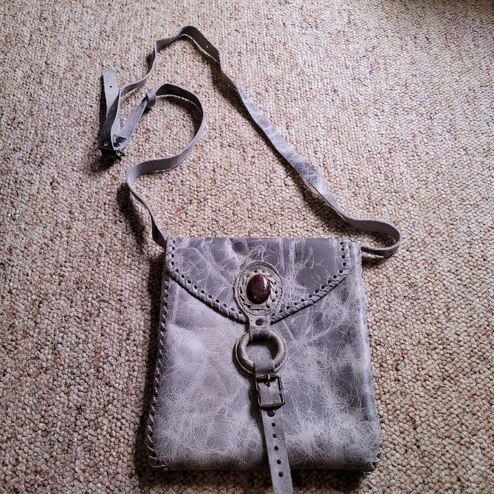 Grey Leather Suede Crossbody Purse Gem